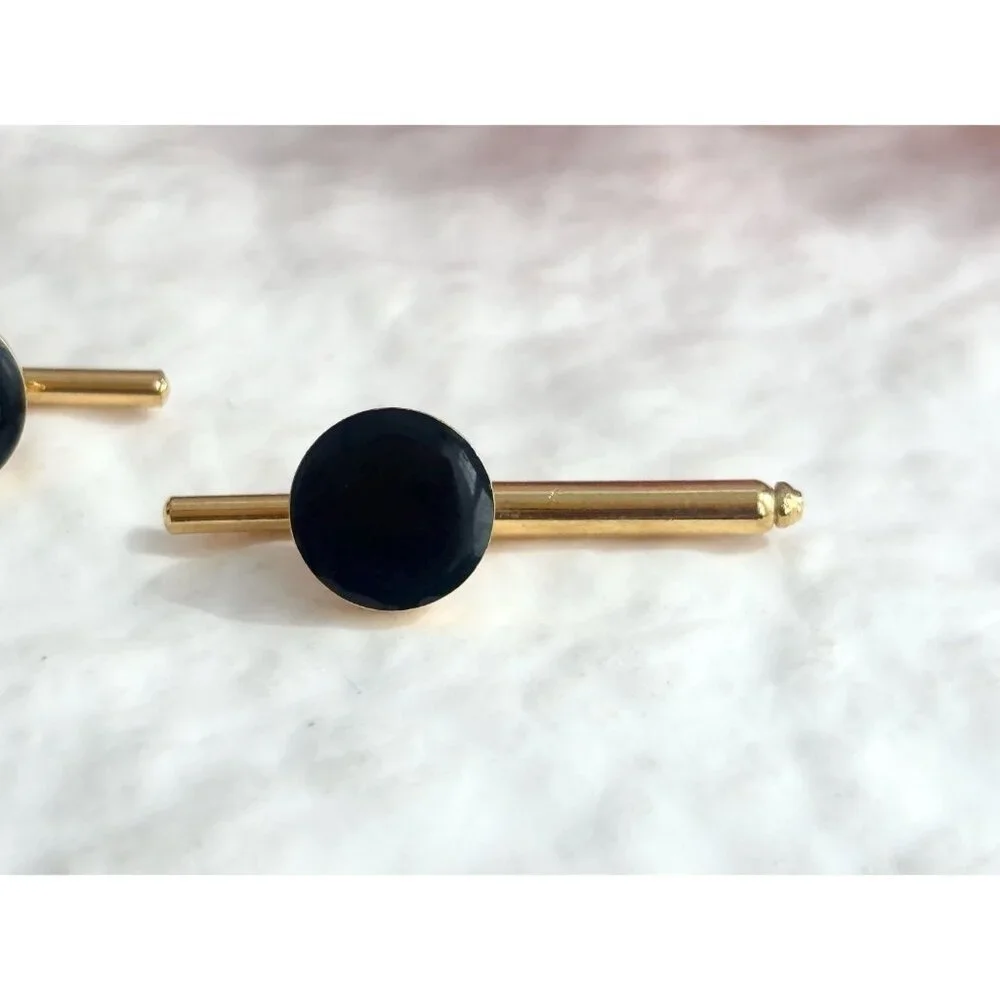 Faux Black Onyx Minimalist Stone Silver Toned Vintage Men's Cuff Links